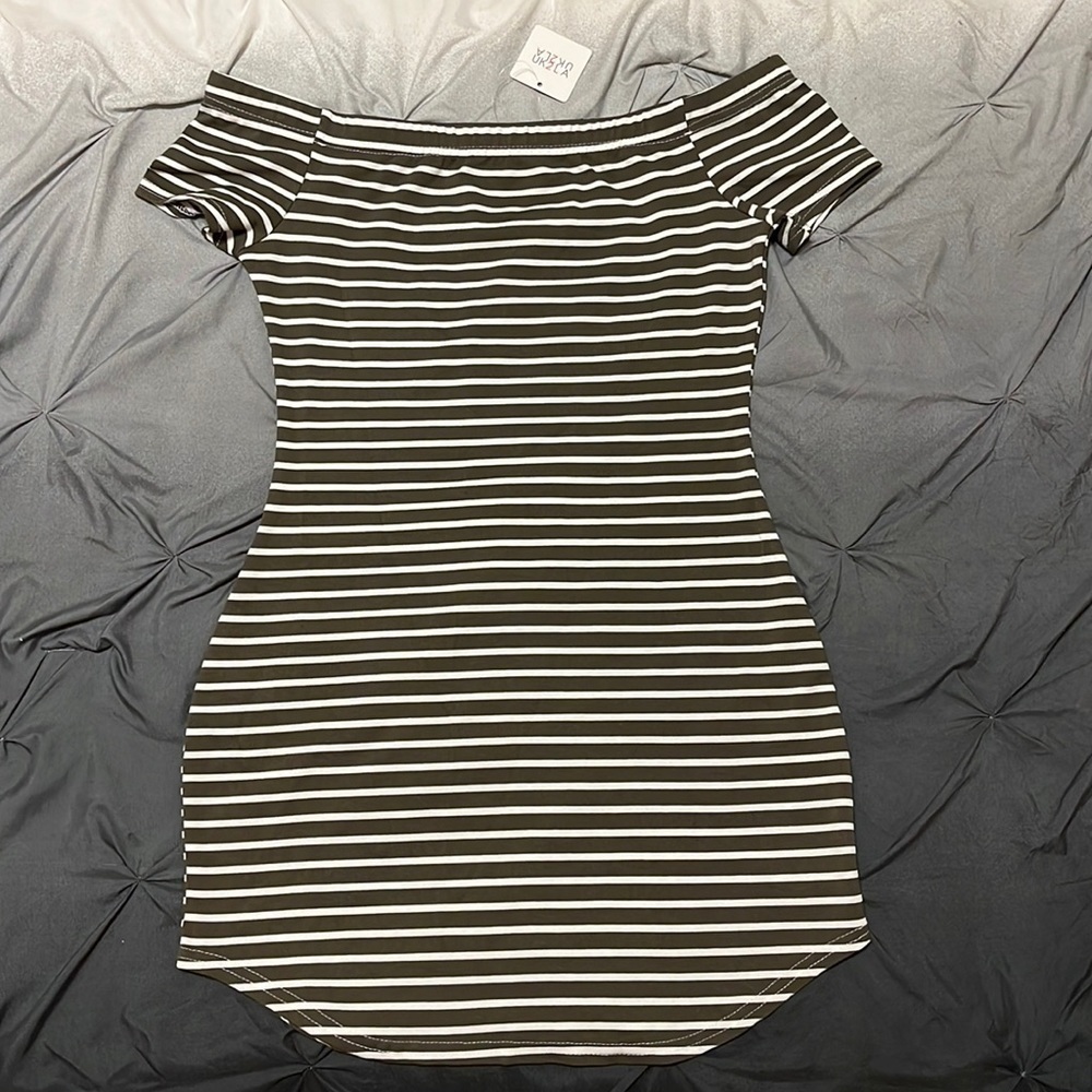 UK2LA Olive Green White Stripe Off The Shoulder Mini Bodycon Dress Medium